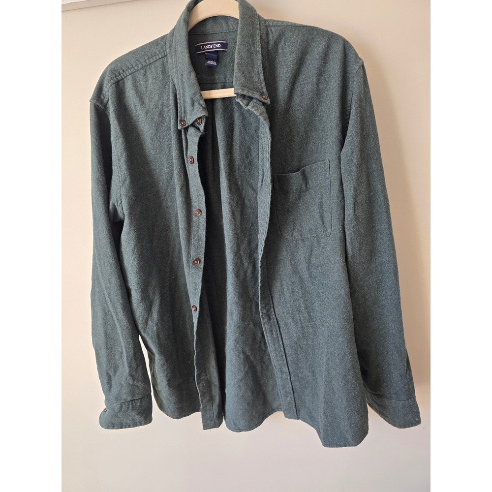 Lands End Mens Large Flannel Shirt Dark Green Cotton Traditional Fit Button Down